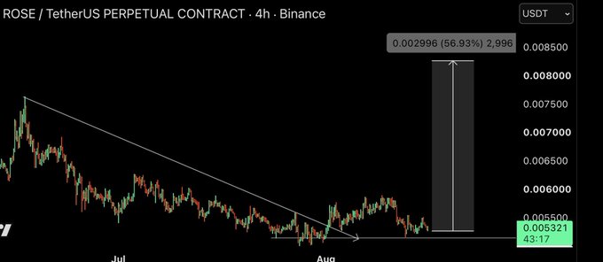 The image shows a 4-hour Binance chart for the ROSE/USDT perpetual contract, depicting a descending trendline breakout followed by a strong bullish move, with annotations highlighting a potential 56.93% gain target (0.002996) from the current price around 0.0053. This aligns with the "$ROSE | Long now" call by signaling a long entry after the breakout with an upside target.