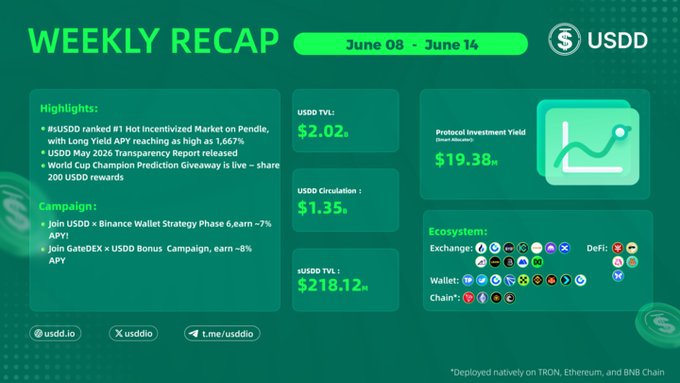 The image is a "Weekly Recap" (June 08 - June 14) for USDD, highlighting its #USDD ranking as the #1 Hot Incentivized Market on Pendle with a 1.667% Long Yield APY, alongside key metrics including a $2.02b TVL, $1.35b Circulation, $218.12b USDD TVL, and a $19.38m Protocol Investment Yield (Smart Allocator). This supports the post's message by showcasing USDD's robust DeFi infrastructure and ecosystem integration, demonstrating how it serves as a bridge for RWA liquidity through its native deployment on TRON, Ethereum, and BNB Chain.