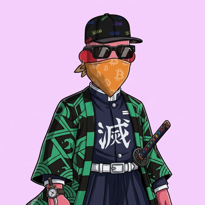 A stylized cartoon figure wears a cap and bandana patterned with Bitcoin logos, dark sunglasses, a green and black checkered kimono over a dark uniform featuring the kanji "滅" (Mitsuri/Demon Slayer), and carries a katana, all set against a lavender background—blending cryptocurrency, anime, and streetwear aesthetics fitting a "gm nfts" crypto greeting.