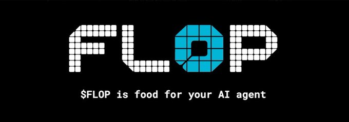 A black banner with pixelated white and blue text reading 'FLOP' alongside a magnifying glass icon, with the tagline '$FLOP is food for your AI agent'.