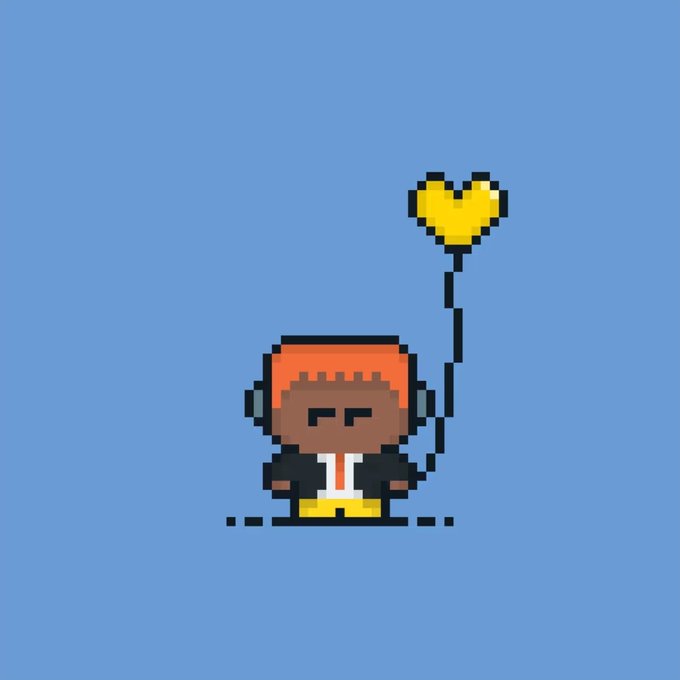 A pixel art illustration depicts a small character holding a yellow heart-shaped balloon against a solid blue background.
