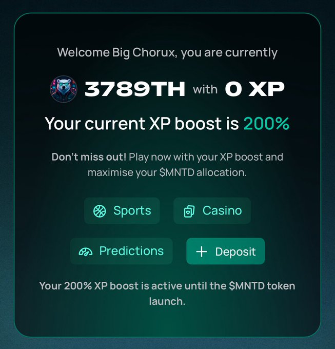 A welcome screen for user 'Big Chorux' showing a 3789TH ranking, 0 XP, and a 200% XP boost active until the $MNTD token launch, with options for Sports, Casino, Predictions, and Deposit.