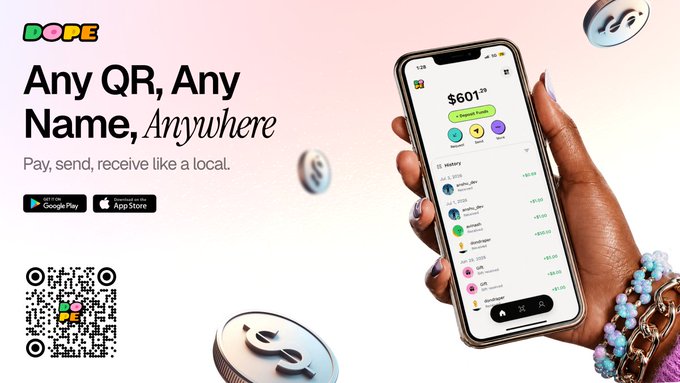 A hand holds a smartphone displaying the Dope wallet app with a $601.29 balance and transaction history, alongside promotional text reading "Any QR, Any Name, Anywhere — Pay, send, receive like a local," supported by Google Play and App Store badges and the Dope logo.

The image reinforces the post by visually showcasing Dope's seamless crypto spending features—a clean wallet interface with smooth transactions—contrasting the app's simplicity against the "hate spending crypto in daily life" frustrations listed.