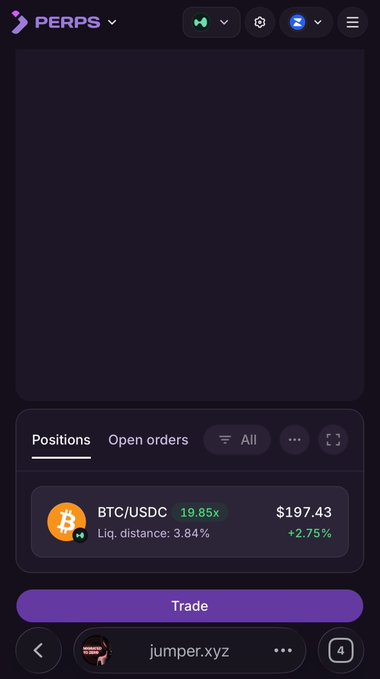A dark-themed mobile trading app screen branded 'PERPS' showing a BTC/USDC position with 19.85x leverage, price $197.43, +2.75%, and liquidation distance of 3.84%, with a purple 'Trade' button and a jumper.xyz banner at the bottom.