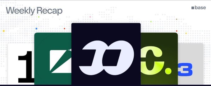 The image features a "Weekly Recap" banner by Base, showcasing a collage of five project logos/tiles including what appears to be "1", a green Z-shaped logo, a stylized infinity loop design, "C.", and a "3" logo—likely representing some of the builders and projects highlighted in the recap celebrating Base's 3rd anniversary.