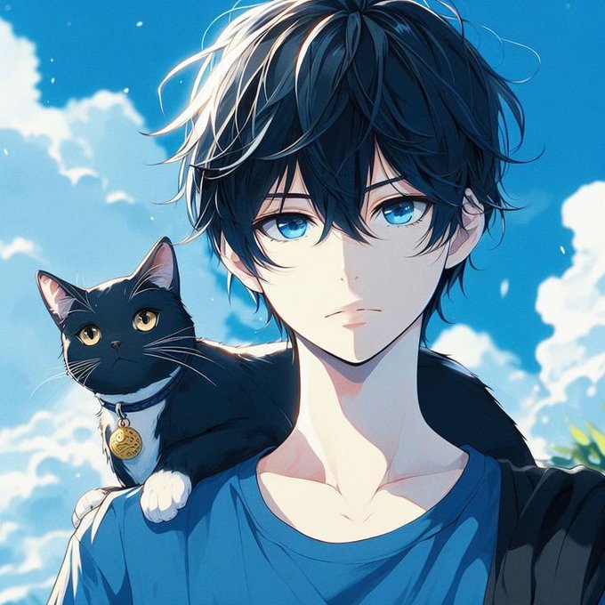 An anime-style illustration of a young man with messy dark hair and bright blue eyes, wearing a blue shirt, with a black and white cat perched on his shoulder against a cloudy sky background.