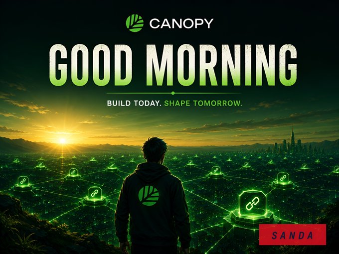 A vibrant digital illustration featuring the text 'CANOPY' and 'GOOD MORNING - BUILD TODAY. SHAPE TOMORROW.' It depicts a hooded figure looking over a futuristic city network with link icons, and a red 'SANDA' button in the corner.