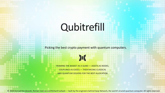 The image features a colorful background with a map of the world. The main focus of the image is a banner that reads "Qubitrefill" along with some text about choosing the best crypto payment method for quantum computers, specifically mentioning the use of blockchain technology and the importance of security in such systems.