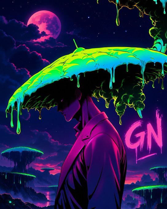 A vibrant neon-colored digital illustration of a figure with melting slime for a head and hair, set against a dark background with a pink moon and the letters 'GN'.