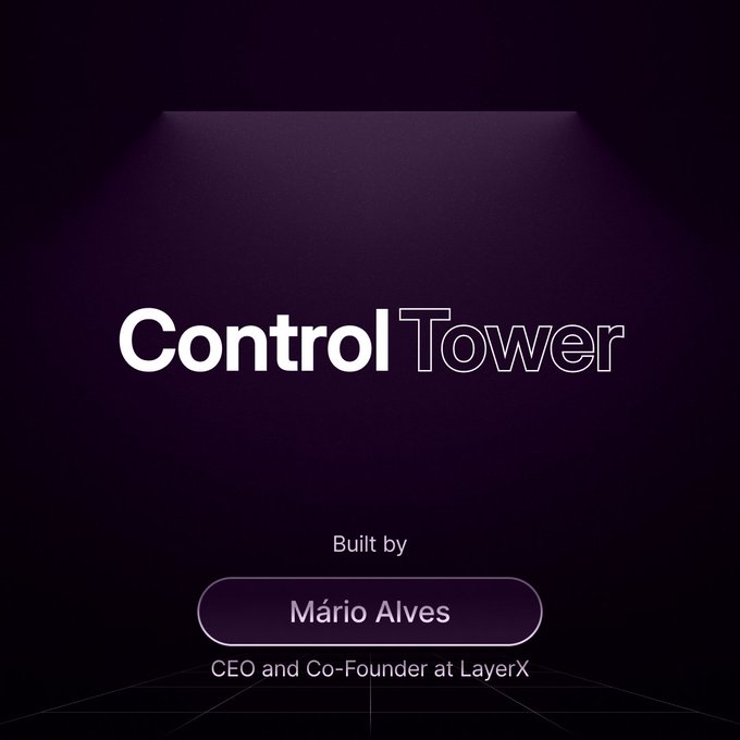 A presentation slide with a purple background displaying 'Control Tower' with a highlight effect, and text crediting 'Mário Alves, CEO and Co-Founder at LayerX' at the bottom.