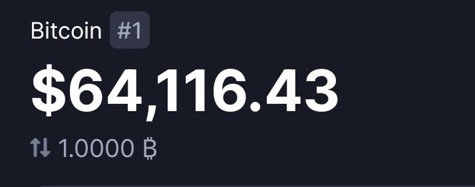 A digital price display showing 'Bitcoin #1' with a value of '$64,116.43' and a supply indicator of '1.0000 B' on a dark background.