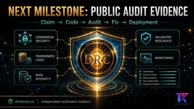 A promotional graphic titled 'NEXT MILESTONE: PUBLIC AUDIT EVIDENCE' for Divine Ray Coin (DRC), displaying pillars including Consensus Security, Tokenomics Logic, Validator Resilience, Monitoring, and Data Integrity, with a checklist showing Code Review, Security Analysis, Risk Assessment, Fixes Implemented, and Deployment Verified.