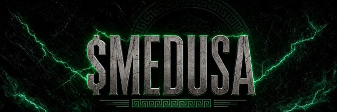 The image displays the bold text "$MEDUSA" in cracked stone-textured lettering, set against a dark background with glowing green lightning bolts and a Greek key border pattern, visually reinforcing the mythological and meme-themed branding of the stealth-launched crypto token.