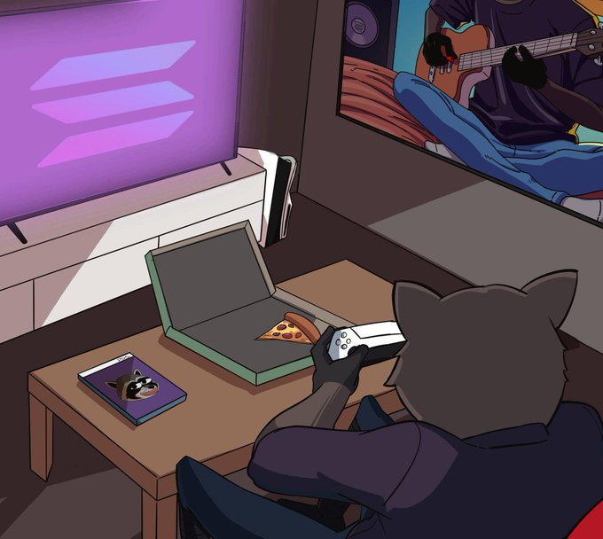 A raccoon character sits in a gaming chair holding a controller in front of a TV displaying the Solana (SOL) logo, with a slice of pizza on the table and a poster of a guitar-playing figure on the wall, capturing a relaxed "logging off" vibe that matches the $RAKO sign-off message.