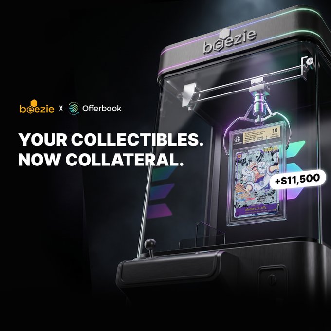 A promotional graphic for a "beezie x Offerbook" collaboration with the tagline "YOUR COLLECTIBLES. NOW COLLATERAL," showing a graded Pokémon card valued at +$11,500 inside a futuristic vending/claw machine.