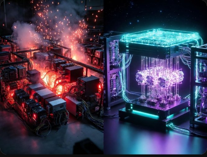 The image shows a comparison between two different types of computer systems, one being traditional Proof-of-Work (PoW) and the other Proof-of-Use (PoU). The PoW system relies on burning energy to generate random numbers that are then used as proof of work for mining new blocks in a blockchain. On the other hand, the PoU system uses energy to solve optimization problems related to real-world applications, such as supply chain management or resource allocation. In both systems, there is a need for efficient energy consumption and utilization to ensure optimal performance and security.