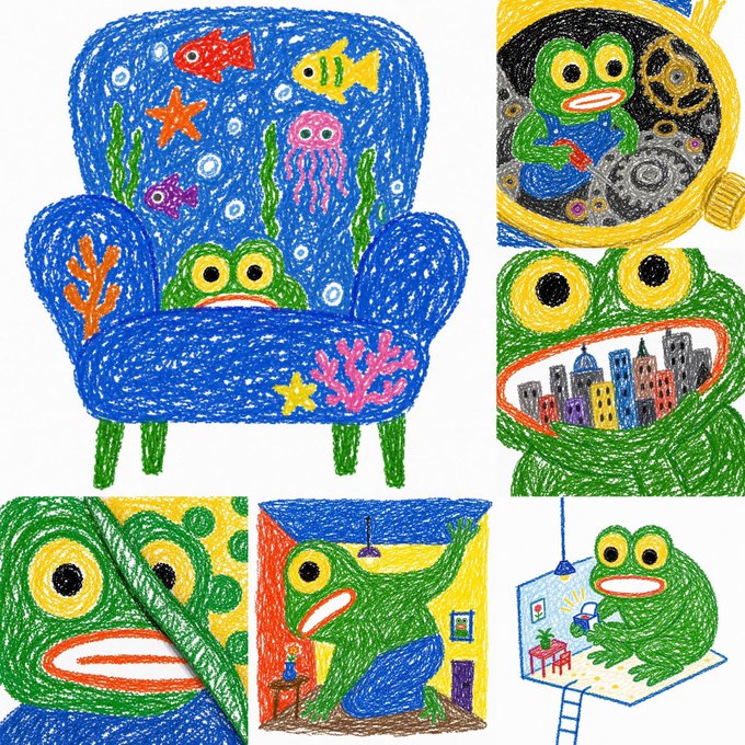 A colorful hand-drawn illustration featuring multiple panels of a green frog-like creature in various scenarios: sitting on a blue underwater-themed armchair, looking through a yellow porthole at gears, eating a city skyline, peeking from behind leaves, dancing in a room, and sitting at a desk.