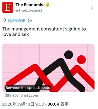 A tweet from The Economist (@TheEconomist) titled 'The management consultant's guide to love and sex' with a pink graphic showing two stylized figures and the tagline 'Between the spreadsheets.'