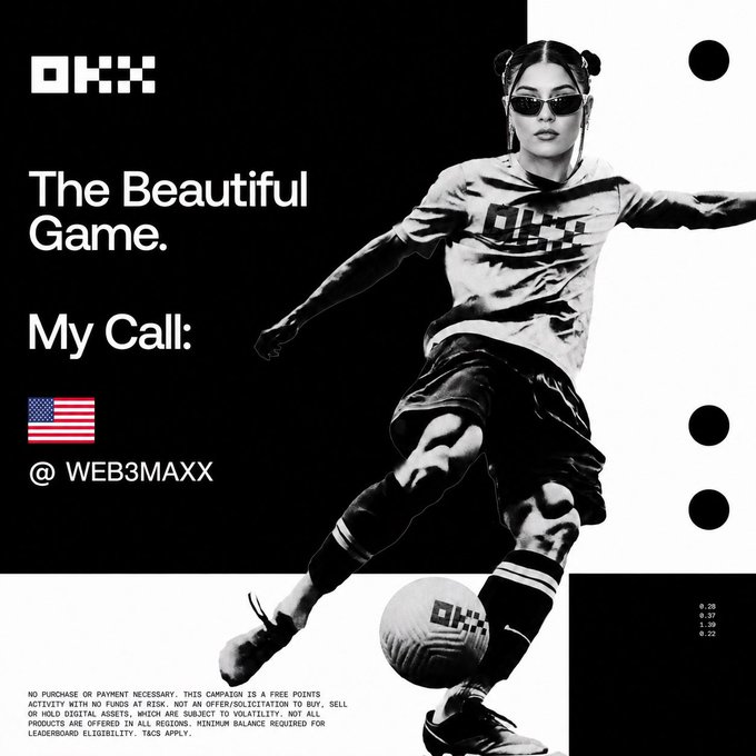 The image features an advertisement with a woman wearing sunglasses playing soccer while holding a soccer ball. The poster includes text that reads "The Beautiful Game, My Call!: Web3MAX", which suggests that the advertisement is promoting a new cryptocurrency called Web3MAX. The poster also contains a code for entering the reward pool to participate in the campaign.