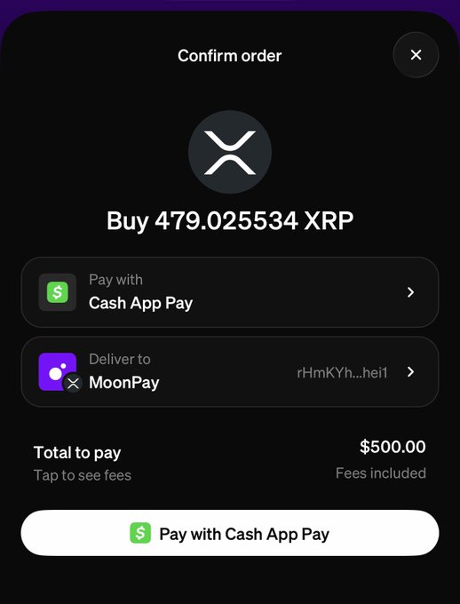 A mobile app confirmation screen for purchasing 479.025534 XRP for $500.00 via Cash App Pay, with the XRP delivery address shown as a MoonPay wallet starting with "rHmKYh...hei". This visual confirms the post's announcement that XRP can now be purchased using Cash App Pay through the MoonPay integration.