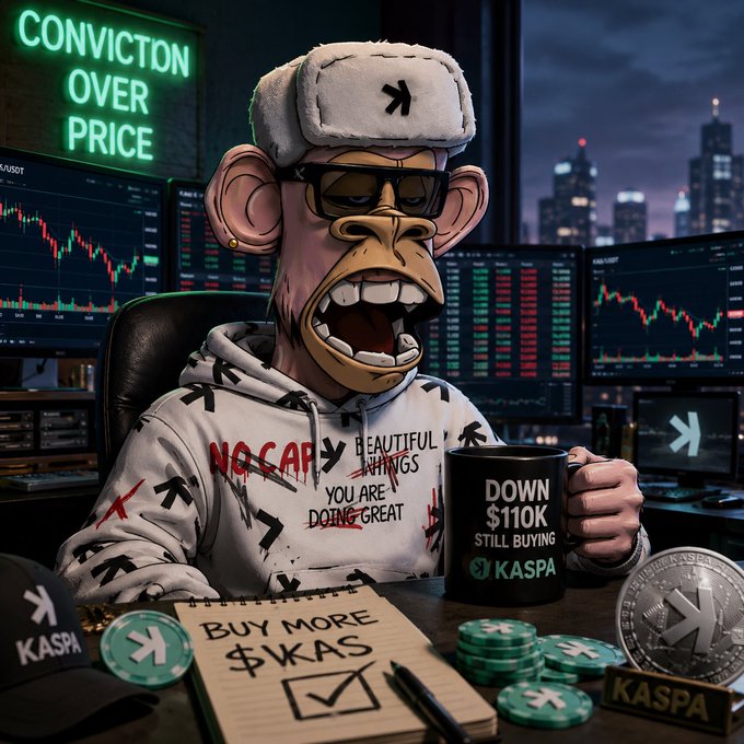 A vibrant meme-style illustration of a stressed monkey character wearing glasses and a hoodie, surrounded by trading charts and crypto Kaspa (KAS) branding with text including "CONVICTION OVER PRICE" and "BUY MORE $KAS".