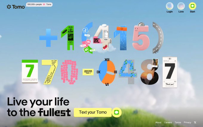 The Tomo website features the slogan "Live your life to the fullest" alongside a colorful illustration of numbers and objects, with options to Login, Love, and Start.