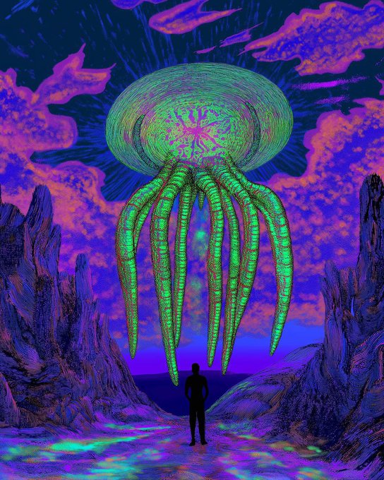 A vibrant, psychedelic digital illustration of a person standing before a massive green jellyfish-like creature against a swirling purple and blue sky with jagged rock formations.