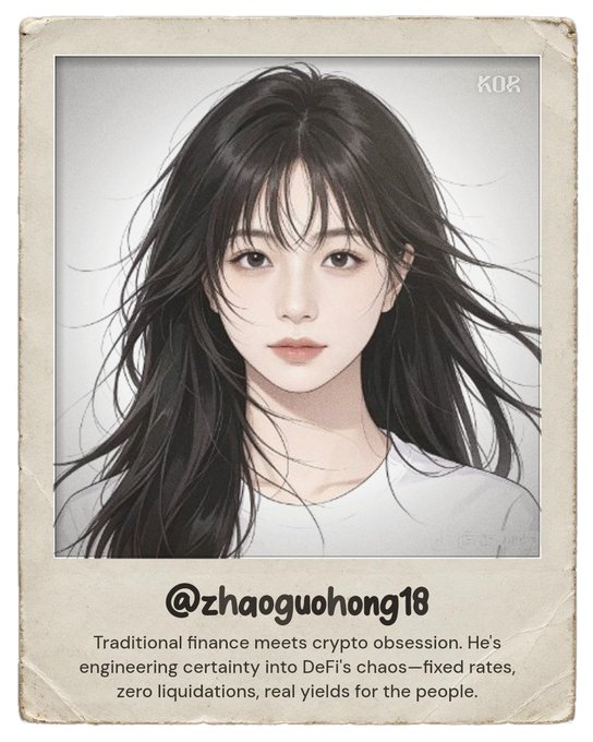 A Polaroid-style portrait of a young woman with long flowing dark hair, labeled "KOR" in the top right corner, with the handle "@zhaoguohong18" and a caption about crypto/DeFi displayed below. The image ties to the post as a newly minted KOR Protocol ID card, representing the user's freshly created identity on the platform.