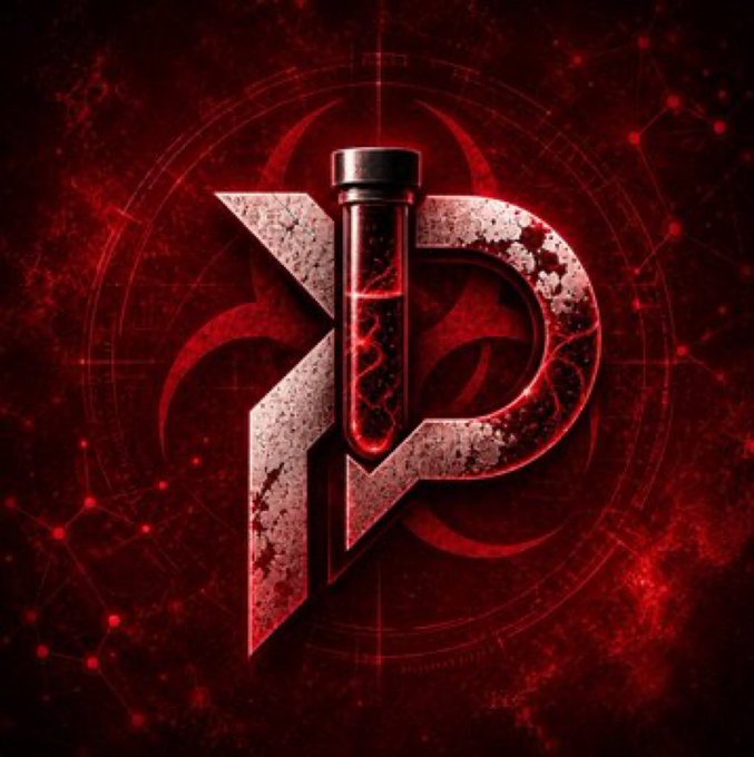 A dark, red-toned logo featuring the letters "VP" with a stylized biohazard symbol in the background, and a glowing red test tube containing liquid forming the central vertical element of the design.