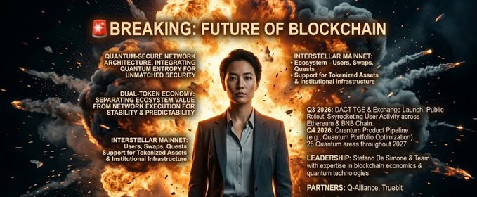 A news-style graphic titled 'BREAKING: FUTURE of BLOCKCHAIN' features a serious-looking woman standing in front of an explosion. The text details topics like 'QUANTUM-SECURE NETWORK ARCHITECTURE' and 'INTERSTELLAR MAINNET', listing 'LEADERSHIP: Stefano De Simone & Team' and 'PARTNERS: Q-Alliance, Truebit'.