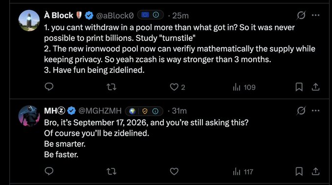 The image shows a Twitter exchange between @aBlock0 and @MGHZMH discussing Zcash's privacy features, with @aBlock0 listing ZEC's strengths like the Ironwood pool and supply verification, while @MGHZMH dismissively tells him to be "smarter" and "faster" — illustrating the dismissive "zidelined" treatment of critics that the original poster complains about when expressing skepticism toward ZEC hype.