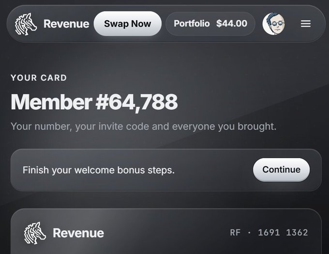 A screenshot of the Revenue dashboard showing "Member #64,788" with a $44.00 portfolio balance and a prompt to "Finish your welcome bonus steps," illustrating the free $44 bonus the user earned by completing X tasks mentioned in their tweet.