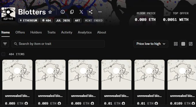 NFT marketplace page for the 'Blotters' collection on Ethereum blockchain, showing 404 items with various unrevealed blo... listings priced between 0.009 and 0.0109 ETH.