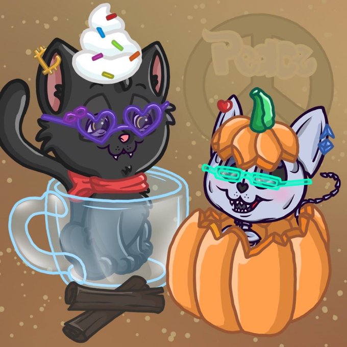 A digital illustration shows two cartoon cats in Halloween costumes — a black cat inside a glass mug wearing heart-shaped glasses and whipped cream on its head, and a gray cat sitting inside a pumpkin wearing green glasses.