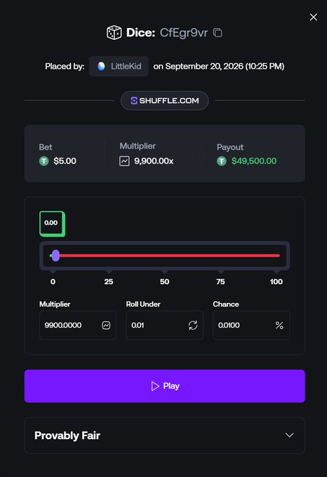 A screenshot of a Shuffle.com Dice betting interface showing a $5.00 bet with an extreme 9,900x multiplier set to roll under 0.01, resulting in a potential $49,500.00 payout, placed by LittleKid on September 20, 2026 at 10:25 PM. This perfectly illustrates the casual max-multi dice gamble referenced in the accompanying post about Shuffle being the "King of Originals."