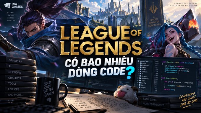 Promotional graphic for 'League of Legends' featuring characters from Riot Games, with text 'LEAGUE OF LEGENDS' and 'CÓ BAO NHIÊU DÒNG CODE?' along with a mug reading 'GOOD CODE BETTER GAMES'.