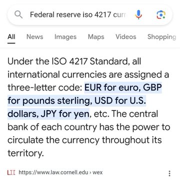 A screenshot of a Google search result for "Federal reserve iso 4217 currency" displays a snippet from Cornell Law explaining that ISO 4217 assigns three-letter codes like EUR, GBP, USD, and JPY to international currencies—however, the snippet contains no mention of XRP or any December 2026 date, contradicting the social media post's claim that the Federal Reserve confirmed XRP's global use under the standard.