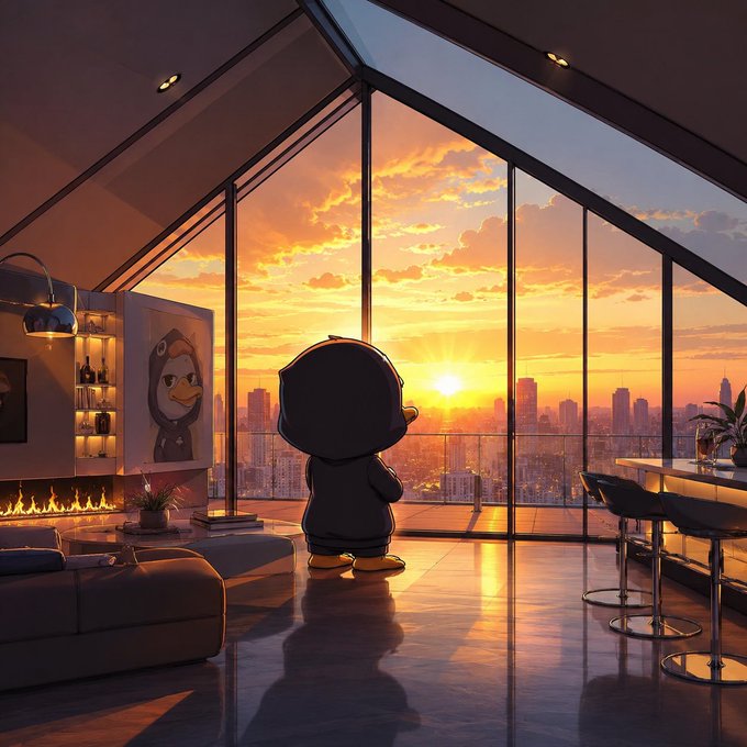 An animated penguin character wearing a hoodie stands silhouetted against floor-to-ceiling windows overlooking a city skyline during a vibrant orange sunset in a modern luxury apartment.