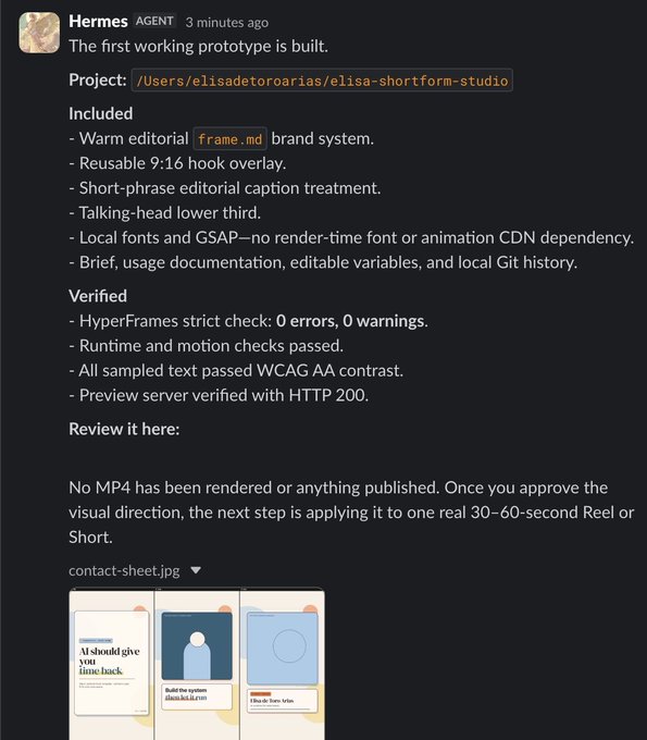 The image shows a Discord message from an AI agent named Hermes announcing it has built the first working prototype of "elisa-shortform-studio," featuring warm editorial branding, a 9:16 hook overlay, and short-phrase captions—all verified with 0 errors and WCAG AA contrast compliance, awaiting approval before rendering an actual Reel or Short. This directly supports the post's claim about a NousResearch agent self-learning shortform video creation, as Hermes is demonstrating its capability to autonomously design a complete visual framework for Instagram/YouTube content before production.