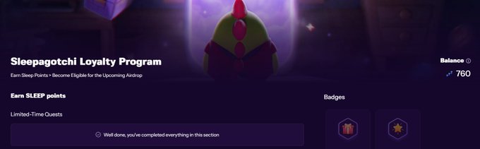 The image shows a screenshot from a sleepagotchi loyalty program page. The main focus of the image is a cartoon chicken sitting on top of a bed, with a purple background that matches its outfit. The text on the screen displays information about the loyalty program and how it works. It also includes badges for completing certain tasks or achieving specific goals within the program.