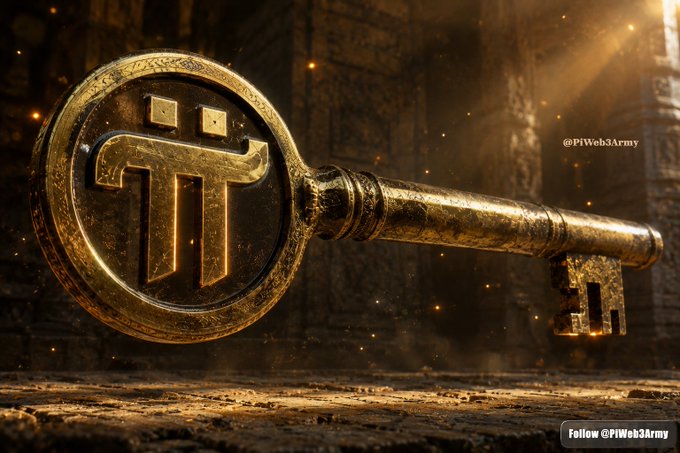 A golden ornate key featuring the Pi (π) symbol, displayed in a mystical setting with ancient architecture in the background, watermarked '@PiWeb3Army'.