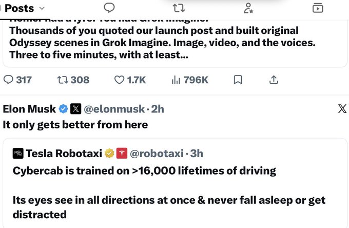 A screenshot of X/Twitter posts showing Elon Musk (@elonmusk) commenting 'It only gets better from here' on a Tesla Robotaxi (@robotaxi) post claiming the Cybercab is trained on over 16,000 lifetimes of driving.
