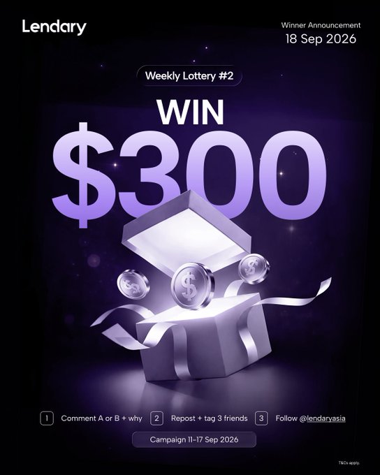 The image is a promotional graphic for the "Lendary Weekly Lottery #2," advertising a $300 cash prize with a winner announcement scheduled for 18 Sep 2026, coinciding with the LRX (LRY) Pre-TGE Weekly Lottery giveaway that asks participants to choose between new token emissions or real borrower interest as the funding source for staking rewards. Entry instructions on the graphic mirror the post: comment A or B with reasoning, repost and tag 3 friends, and follow @lendaryasia, with the campaign running from 11–17 Sep 2026.