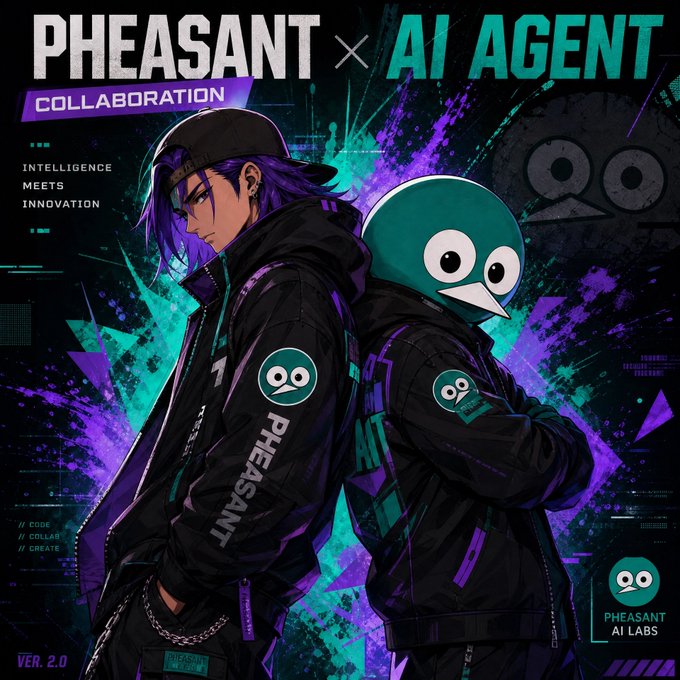 A promotional poster reading 'PHEASANT × AI AGENT COLLABORATION' featuring two anime-style figures with purple hair and teal masks, tagged 'INTELLIGENCE MEETS INNOVATION' and 'VER. 2.0 PHEASANT AI LABS'.