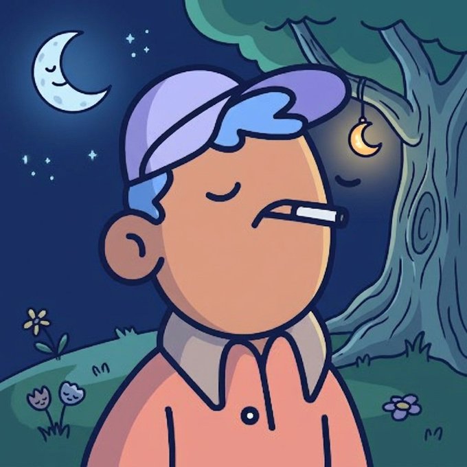 A cartoon illustration shows a person in a purple and blue cap with a cigarette dangling from their nose, eyes closed, beneath a crescent moon and beside a glowing tree.