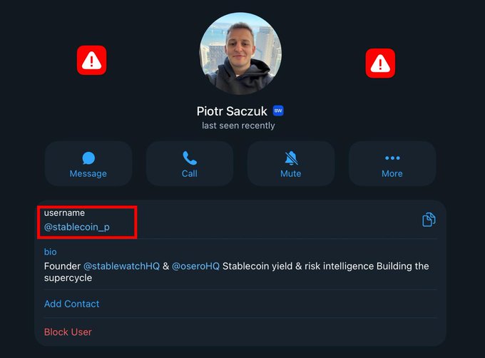 Telegram profile page for Piotr Saczuk (username @stablecoin_p), listed as Founder of @stablewatchHQ & @oseroHQ, with options to Message, Call, Mute, or view More.