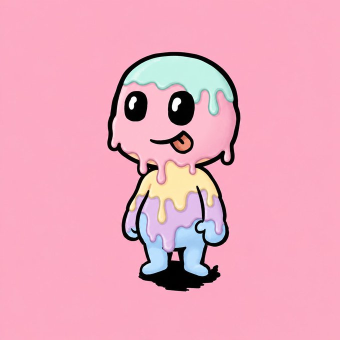 A cute cartoon character covered in dripping pastel-colored ice cream scoops (pink, mint green, yellow, and purple) with big black eyes and its tongue sticking out, set against a pink background.