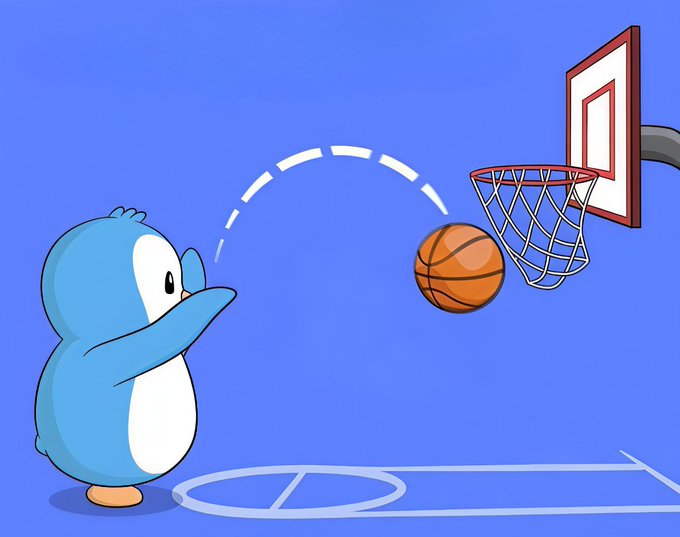 A cartoon illustration shows a blue penguin character shooting a basketball toward a hoop, with a dashed white line tracing the ball's trajectory against a solid blue background.