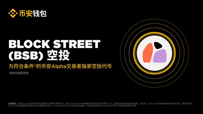 A black promotional banner with gold and white text reading "币安钱包 BLOCK STREET (BSB) 空投" advertising an airdrop for eligible Binance Alpha traders, featuring an orange and purple logo.