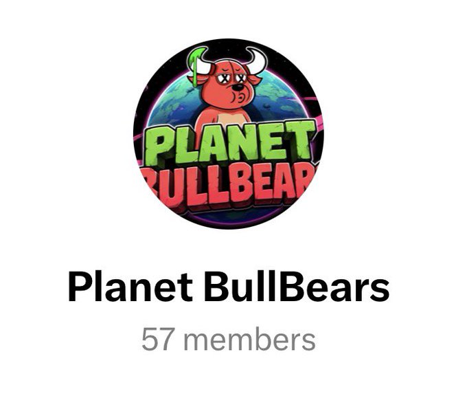 A circular logo for 'Planet BullBears' featuring a cartoon red bull against a planet background, with text indicating 57 members.